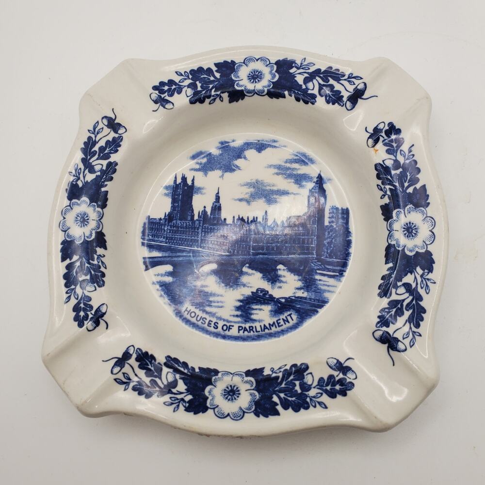 Vintage Blue & White "Houses of Parliament" Ceramic Ashtray Tobaciana